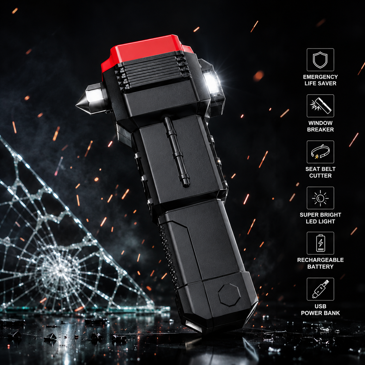 Multifunction Portable LED Flashlight with Window Hammer & Power Bank