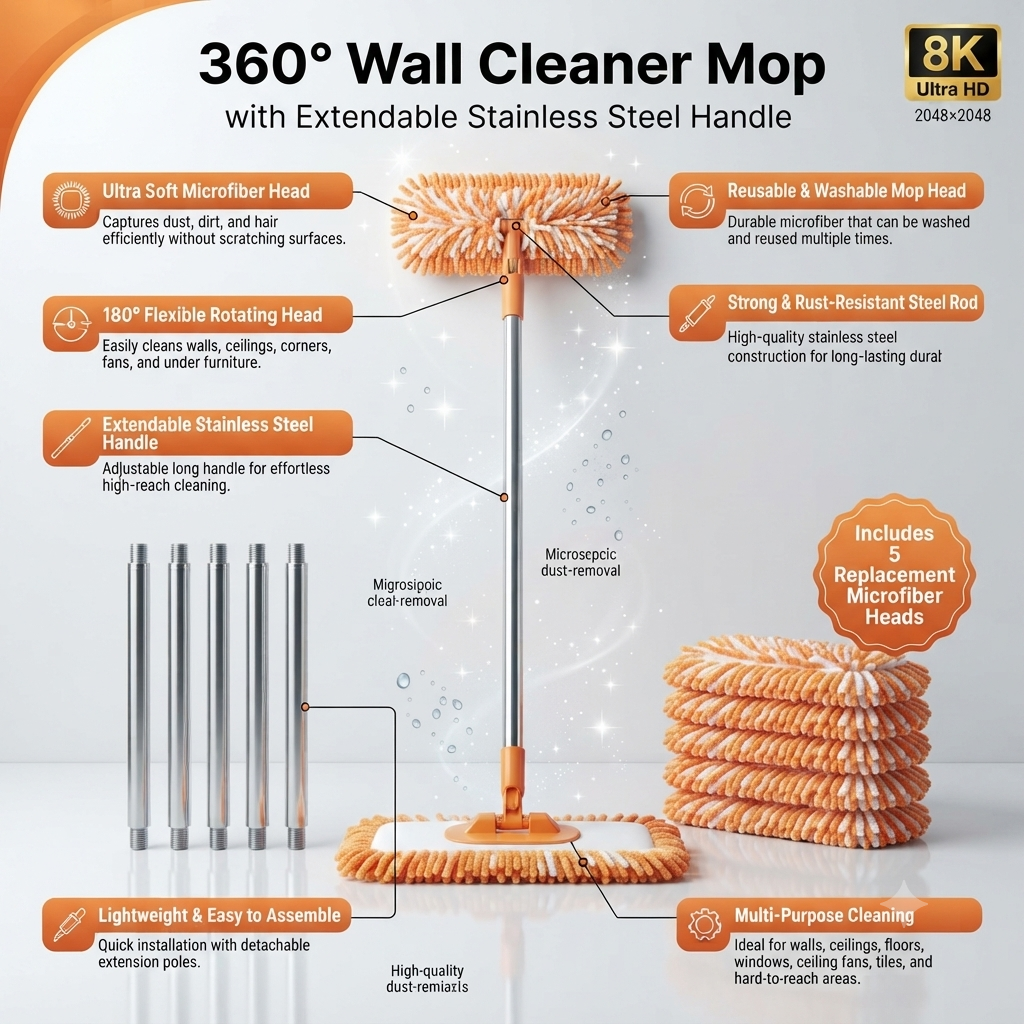 Ultimate 360° Adjustable Wall & Ceiling Cleaner Mop with Extra Pads