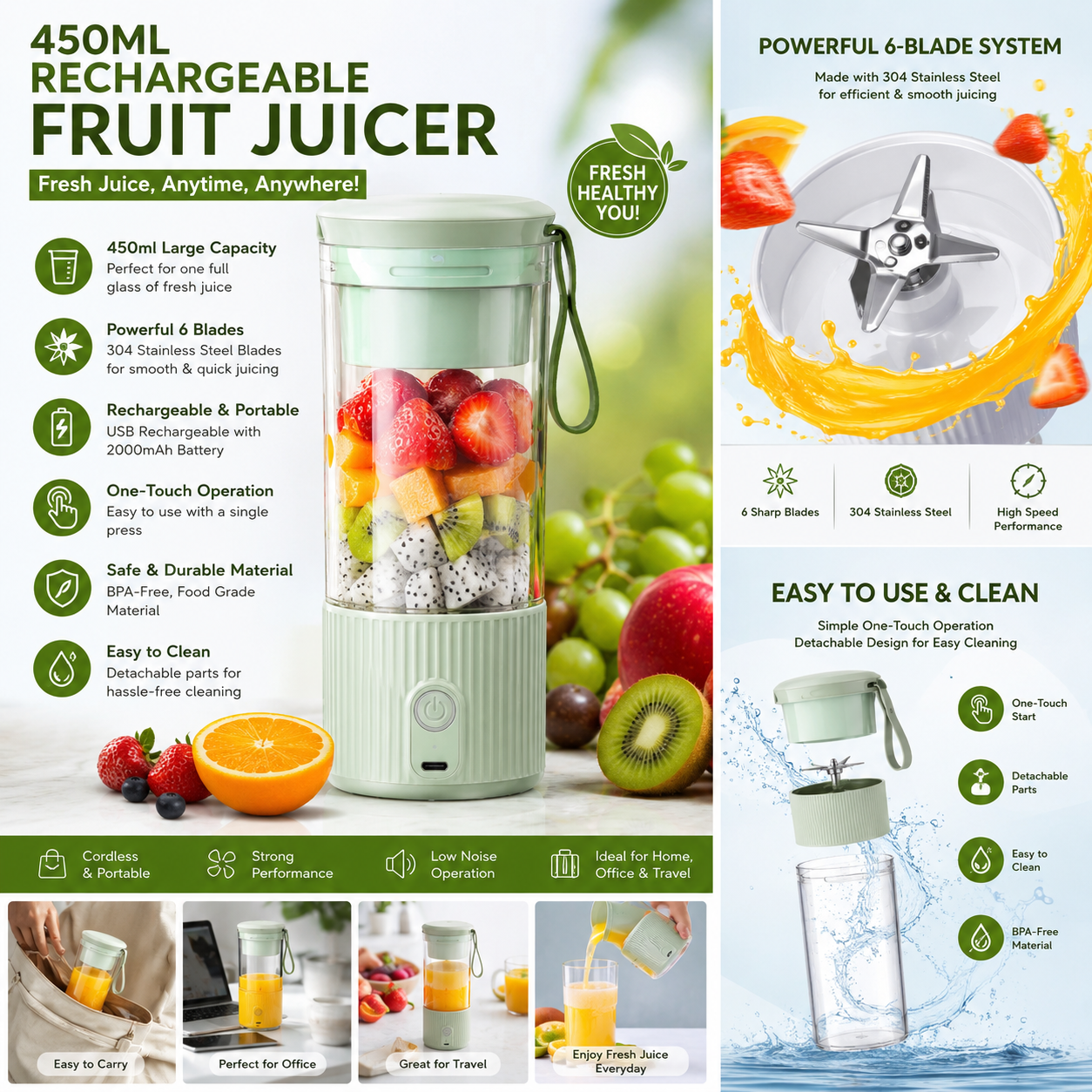 450ml Portable Rechargeable Fruit Juicer