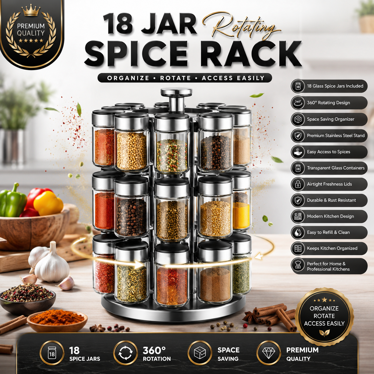 Premium 18-Jar Rotating Spice Rack – Upgrade Your Kitchen Organization