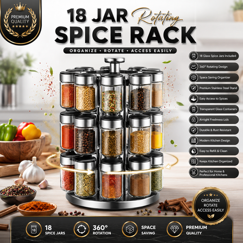 Premium 18-Jar Rotating Spice Rack – Upgrade Your Kitchen Organization