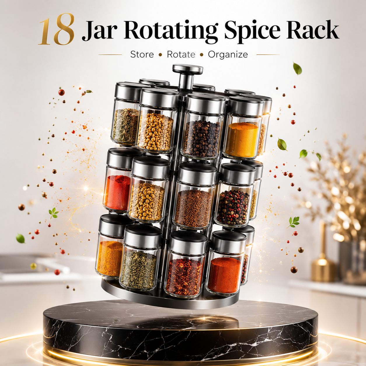 Premium 18-Jar Rotating Spice Rack – Upgrade Your Kitchen Organization