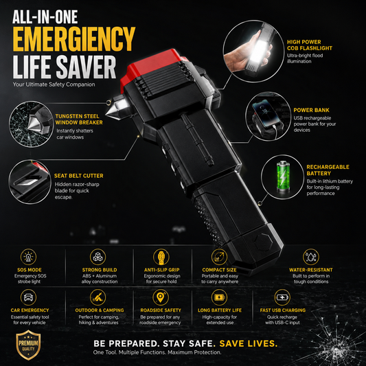 Multifunction Portable LED Flashlight with Window Hammer & Power Bank
