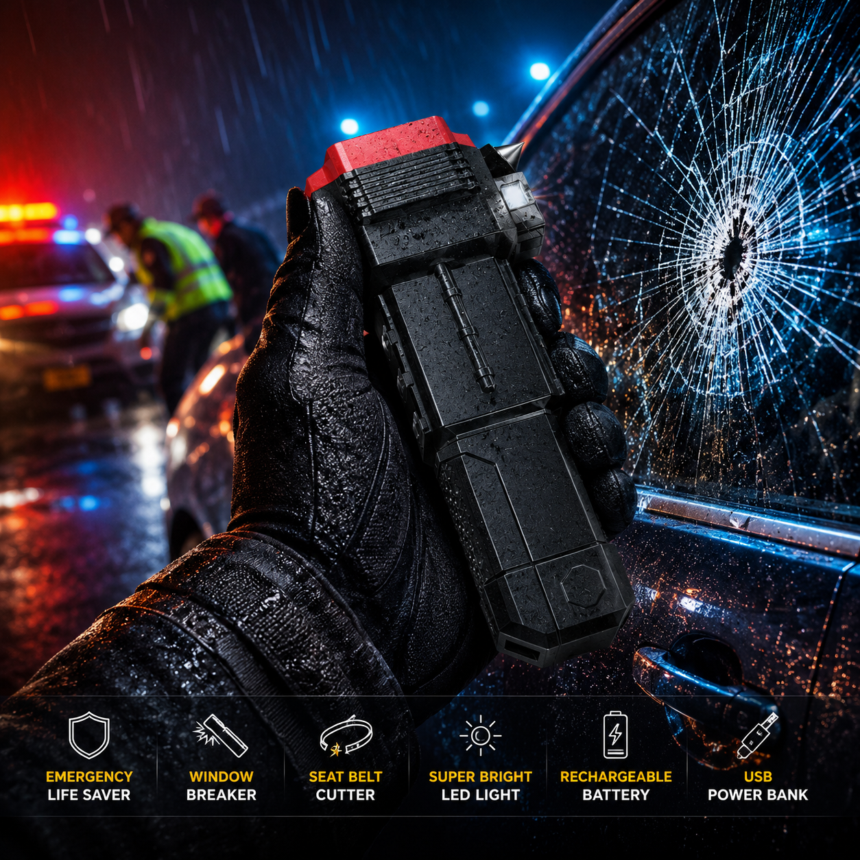 Multifunction Portable LED Flashlight with Window Hammer & Power Bank