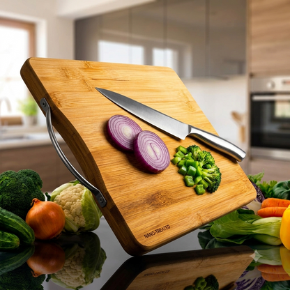 Zaroorat.online™ Premium Bamboo Cutting Board with Stainless Steel Handle