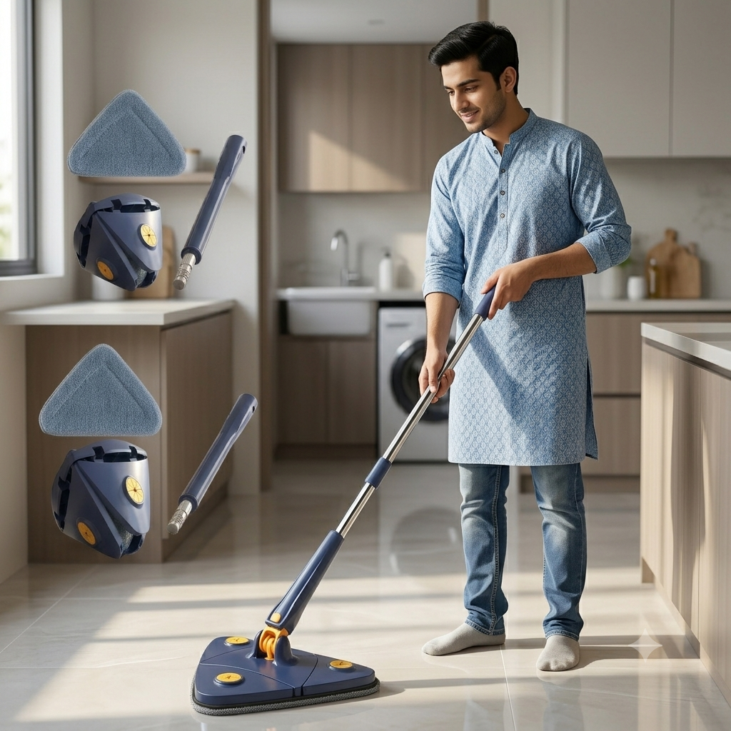 Zaroorat.online™ 360° Rotating Triangle Cleaning Mop with Self-Wringing Mechanism