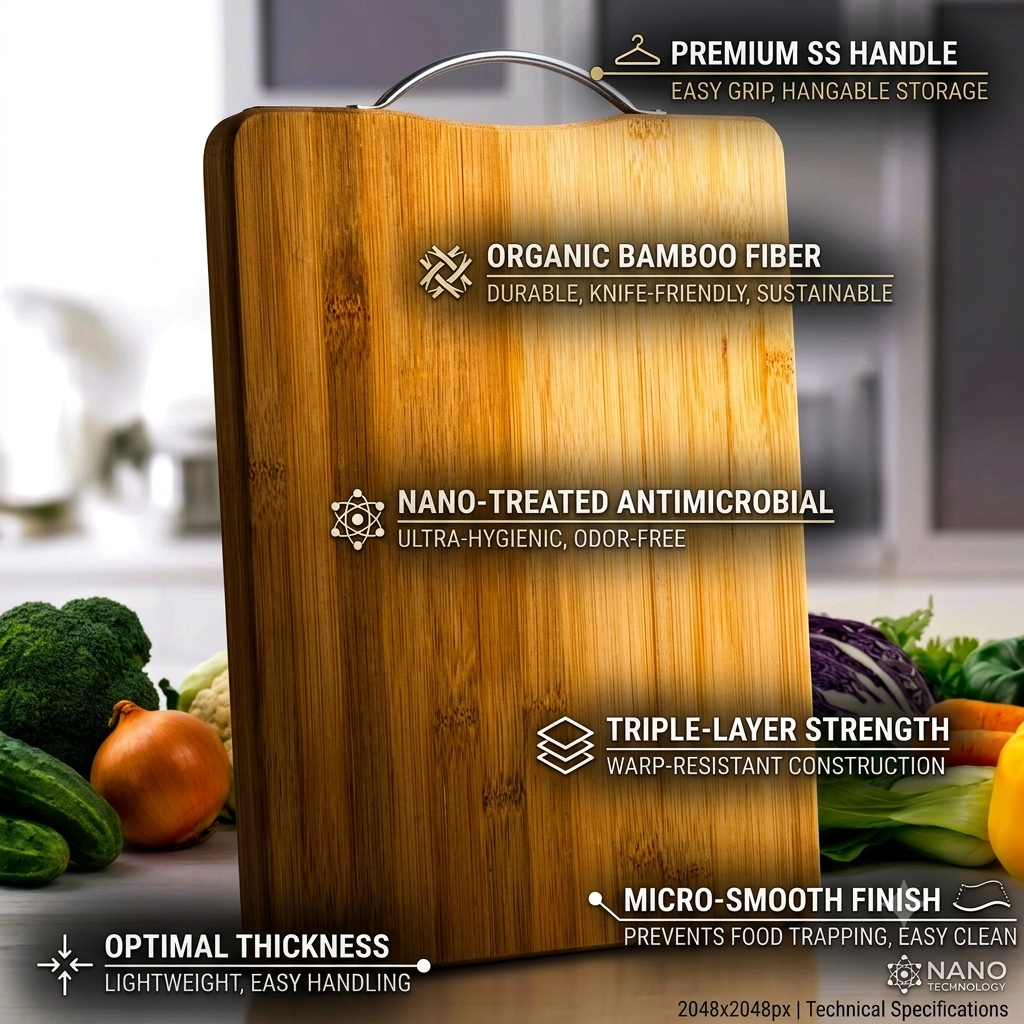 Zaroorat.online™ Premium Bamboo Cutting Board with Stainless Steel Handle