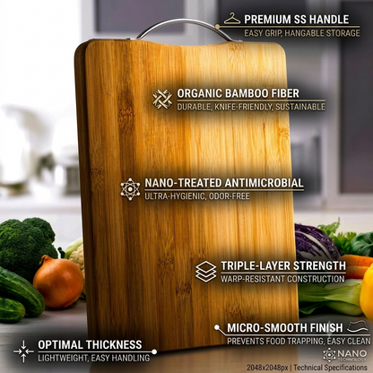 Zaroorat.online™ Premium Bamboo Cutting Board with Stainless Steel Handle