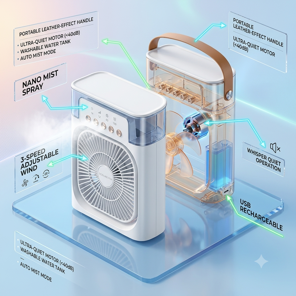 Portable USB Mist Cooling Fan & Humidifier with Carry Handle - Desktop Air Cooler